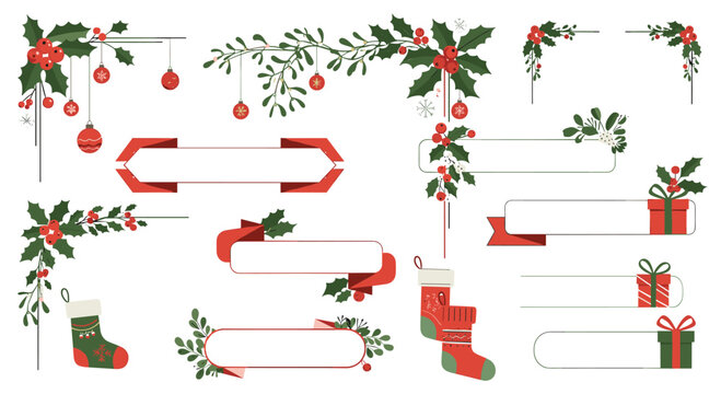 Collection of Christmas themed decorative elements and borders for holiday designs.