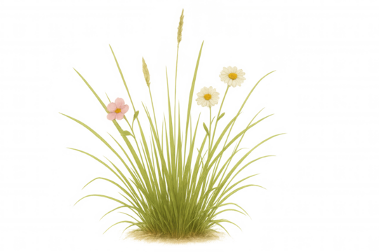 Clump of wild grass with white daisies and a pink flower, botanical flora growing on transparent background