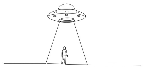 Fototapeta premium Single Line Art of a Person and a UFO Abduction Beam