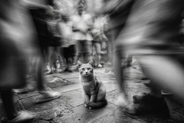 cat alone in a blurry crowd