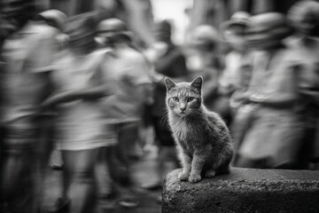 cat alone in a blurry crowd