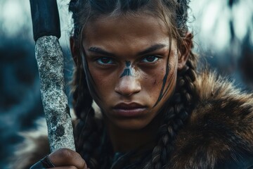 Fierce young tribal warrior with spear looking into distance