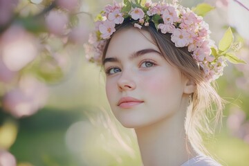Naklejka premium Young woman with flowers in hair standing in spring garden