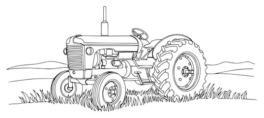 Vintage Farm Tractor in a Field Drawn with One Continuous Line © Katarzyna