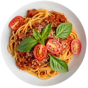 Delicious spaghetti bolognese with fresh basil and tomatoes isolated on transparent background