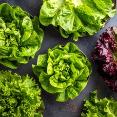 Overhead shot of various types of fresh lettuce in bowls