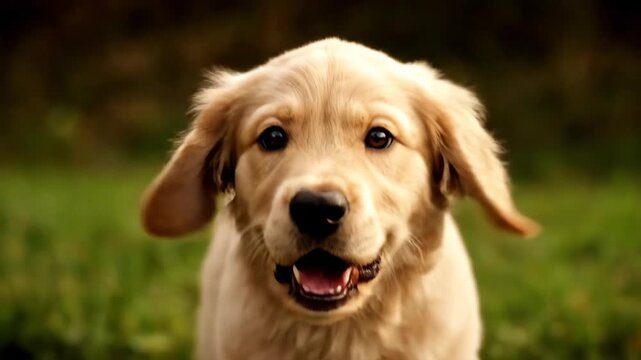 Golden Retriever Puppy Looking at Camera in a Field, Close Up of Cute Dog's Face on a Summer Afternoon