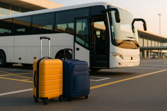 Two travel suitcases standing near modern passenger bus at transportation terminal showing vacation luggage and trip preparation
