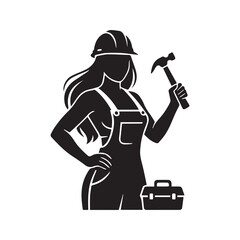 Handywoman Silhouette Logo. Female Construction Worker with Hard Hat, Hammer, and Toolbox. Vector Illustration for Repair Service.
