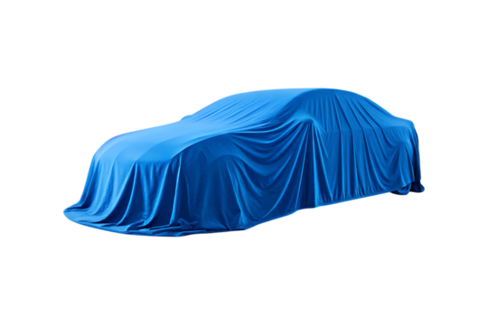 Blue car cover hiding a new vehicle isolated on transparent background