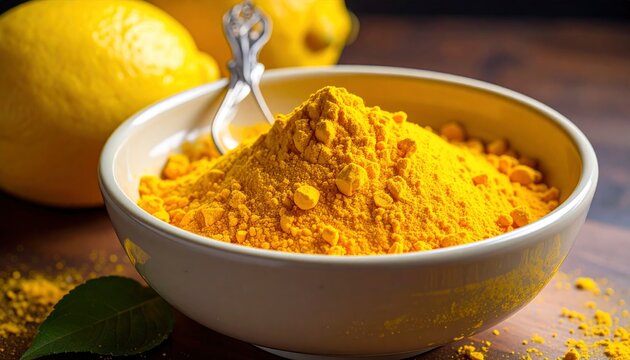 Lemon Powder in Bowl, Healthy Spice, Yellow Food.