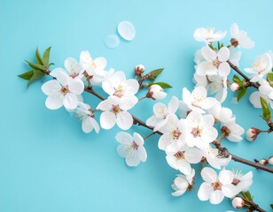 White blossoms on a branch against a light blue background