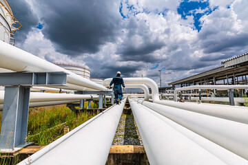 Male worker inspection at steel long pipes and pipe elbow in station oil factory during refinery...
