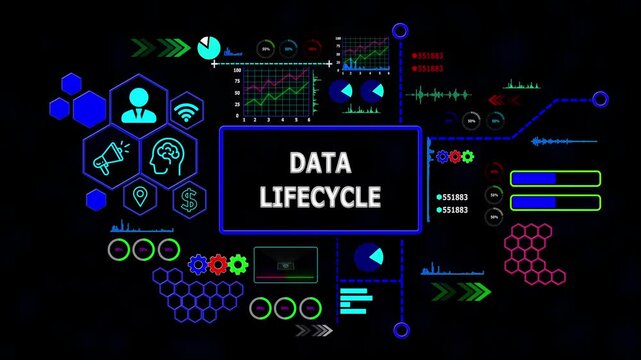 Data Lifecycle concept with Data Analytics, Business Graphics, loading bar, gearbox, Asymptotic smart data analytic,4k video