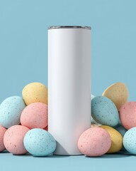 Plain White Tall Cylinder Surrounded by Colorful Easter Eggs