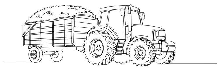 Farm Tractor with a Hay Trailer in Continuous Line Drawing © Katarzyna