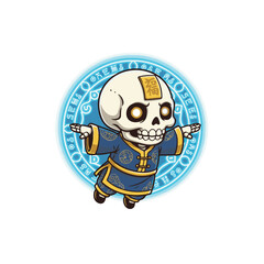 Cartoon illustration of a hopping skeleton wearing traditional Chinese attire with a talisman on its forehead, glowing eyes, and a mystical blue magic circle background.