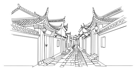 Continuous One Line Drawing of a Traditional Asian Street