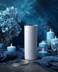 Elegant White Cylinder with Blue Decor and Candles for Calm Ambiance