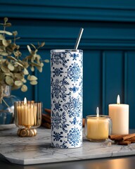 Elegant Decorative Tumbler with Floral Design and Candles Display
