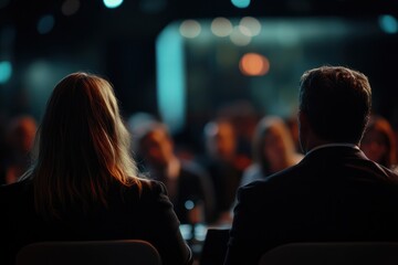 Back view panelists executive panel discussion business event