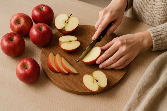Person slices red apples on round wooden board with several whole nearby