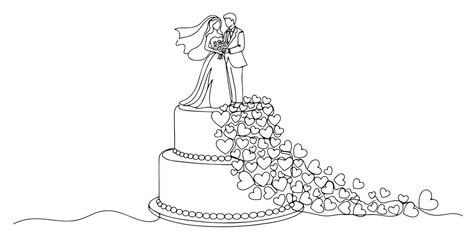 Single Continuous Line Drawing of a Wedding Cake with Bride and Groom Topper