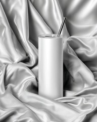 White Stainless Steel Travel Mug on Smooth Satin Fabric Background