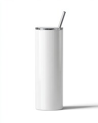 Minimalist White Beverage Container with Metal Straw on White Background