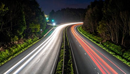 Fototapeta premium Night highway scene with light trails from vehicles curving through a wooded area