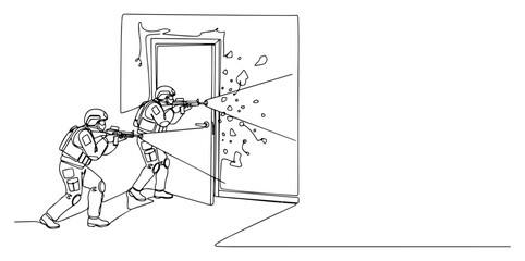 Special Forces Soldiers Breaching a Door with Rifles One Line Art