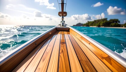 Wooden Boat Bow Sailing on Turquoise Ocean Waters.