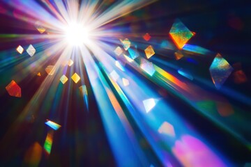 Blue light flare prism rainbow reflections overlay on black