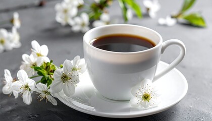 White cup of coffee sits on saucer, adorned with delicate white blossoms