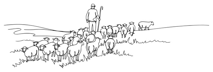 Obraz premium Continuous One Line Drawing of a Shepherd Herding His Flock of Sheep