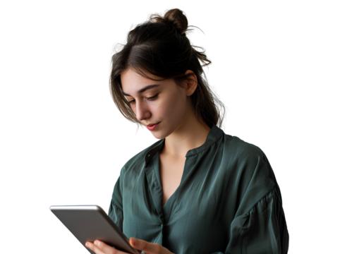 a young woman wearing a dark green blouse is using a tablet, with a transparent background. - Powered by Adobe