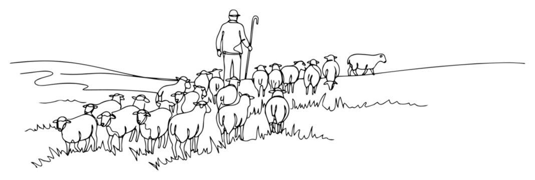 Continuous One Line Drawing of a Shepherd Herding His Flock of Sheep