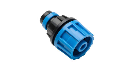 Blue and Black Plastic Garden Water Hose Connector Fitting on White Background