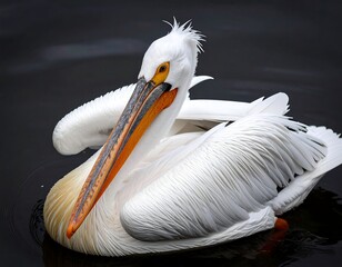 White pelican floats on dark water, preening feathers