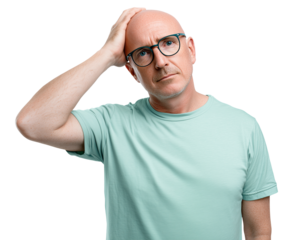 Professional man wearing glasses and light green shirt with hand on head, showing contemplation or mild headache, isolated on transparent background