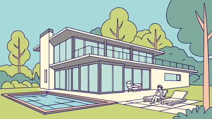 Illustration of a modern house with a swimming pool and a woman relaxing on a lounge chair outside