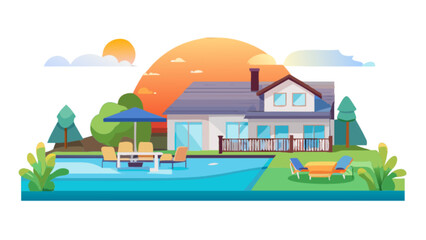 Naklejka premium Illustration of a house with a pool, trees, and outdoor furniture in a sunny landscape scene