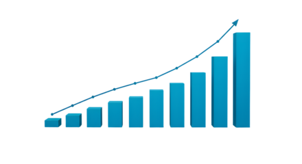 Blue Growth Chart with Rising Bar Graph and Arrow for Business Growth and Data Analysis