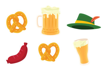 Oktoberfest flat design elements set. Vector design of bavarian hat, pretzel, sausage, beer glass.