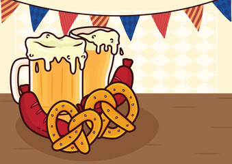 Oktoberfest background banner design. Design with pennants, glass of beer, pretzel, bratwurst. Light yellow rhombus pattern