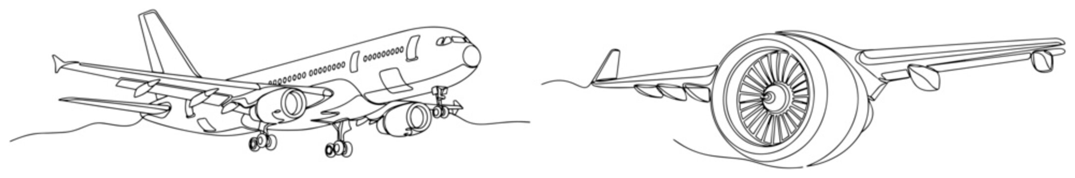 Commercial Airplane and Jet Engine in a Continuous Line Art Set