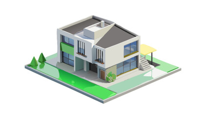 Isometric view of a modern two story house with green accents and a small carport structure visible