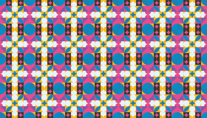 Seamless geometric vector pattern with colorful circles, triangles, and abstract shapes in vibrant tones of blue, pink, yellow, and black