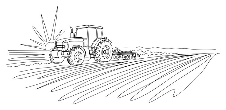 Continuous One Line Drawing of a Tractor Working in a Field at Sunrise