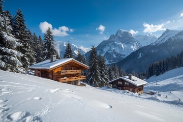 Winter ski chalet and cabin in snow mountain landscape.